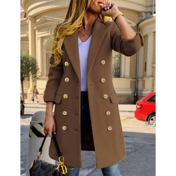 Women's Dark Khaki Double-Breasted Wool Midi Trench Peacoat for Fall & Winter - Picture 2 of 6